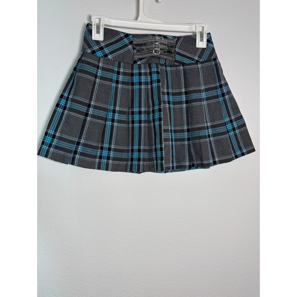 Amy Byer Girls Plaid Pleated‎ Mini Skirt Grey Turquoise Blue Buckle Detail 12